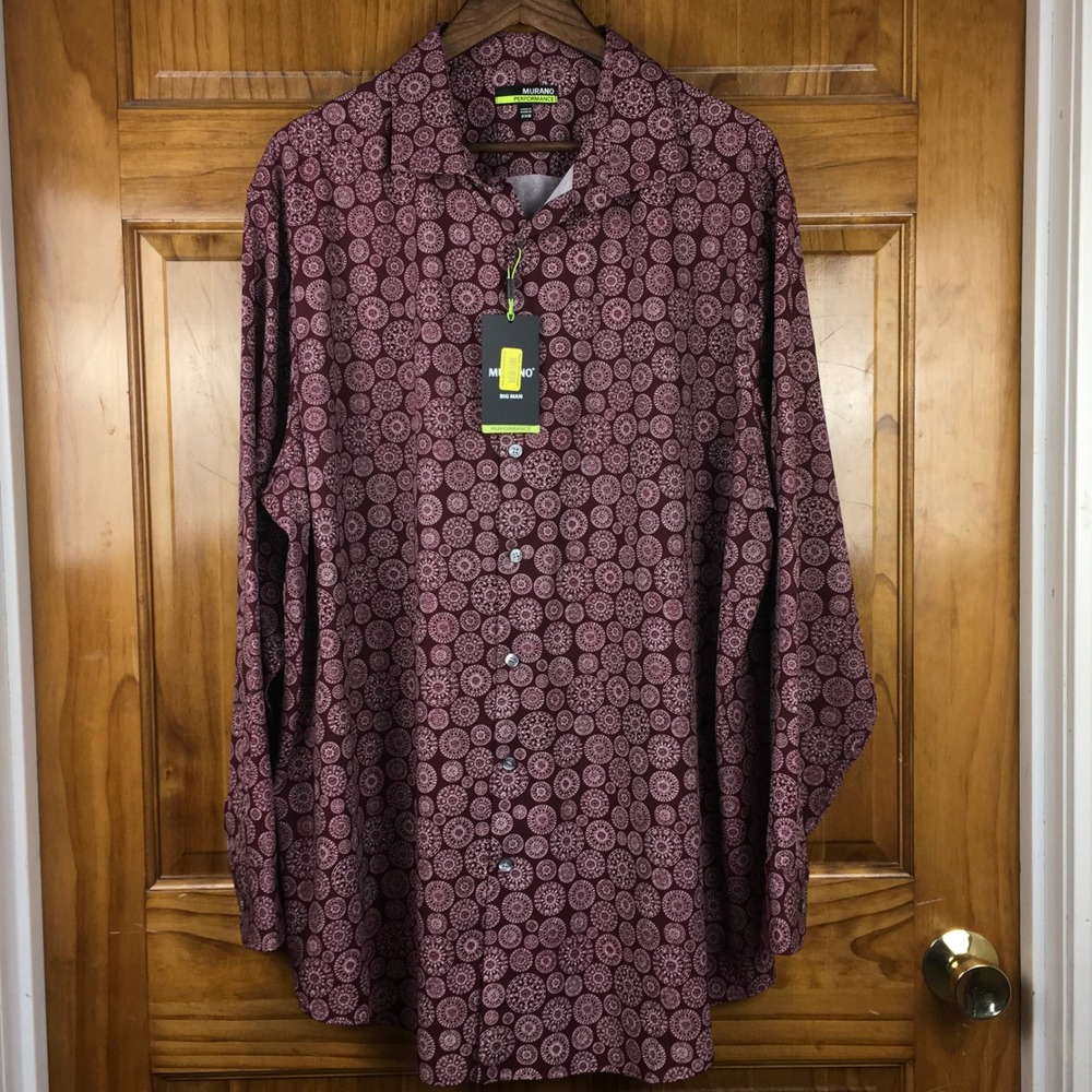 Murano Performance Big Man Shirt 2XB Burgundy Medallion Long Sleeve Button Down